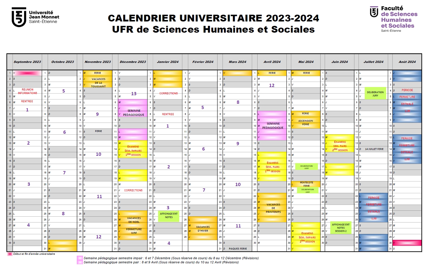 Calendrier SHS 2023-2024 - Université Jean Monnet